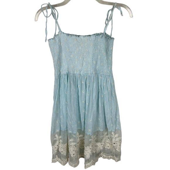 Antica Sartoria Baby Blue Shirred Tie Shoulder Daisy Lace Trim Sundress OSFM - Picture 2 of 5